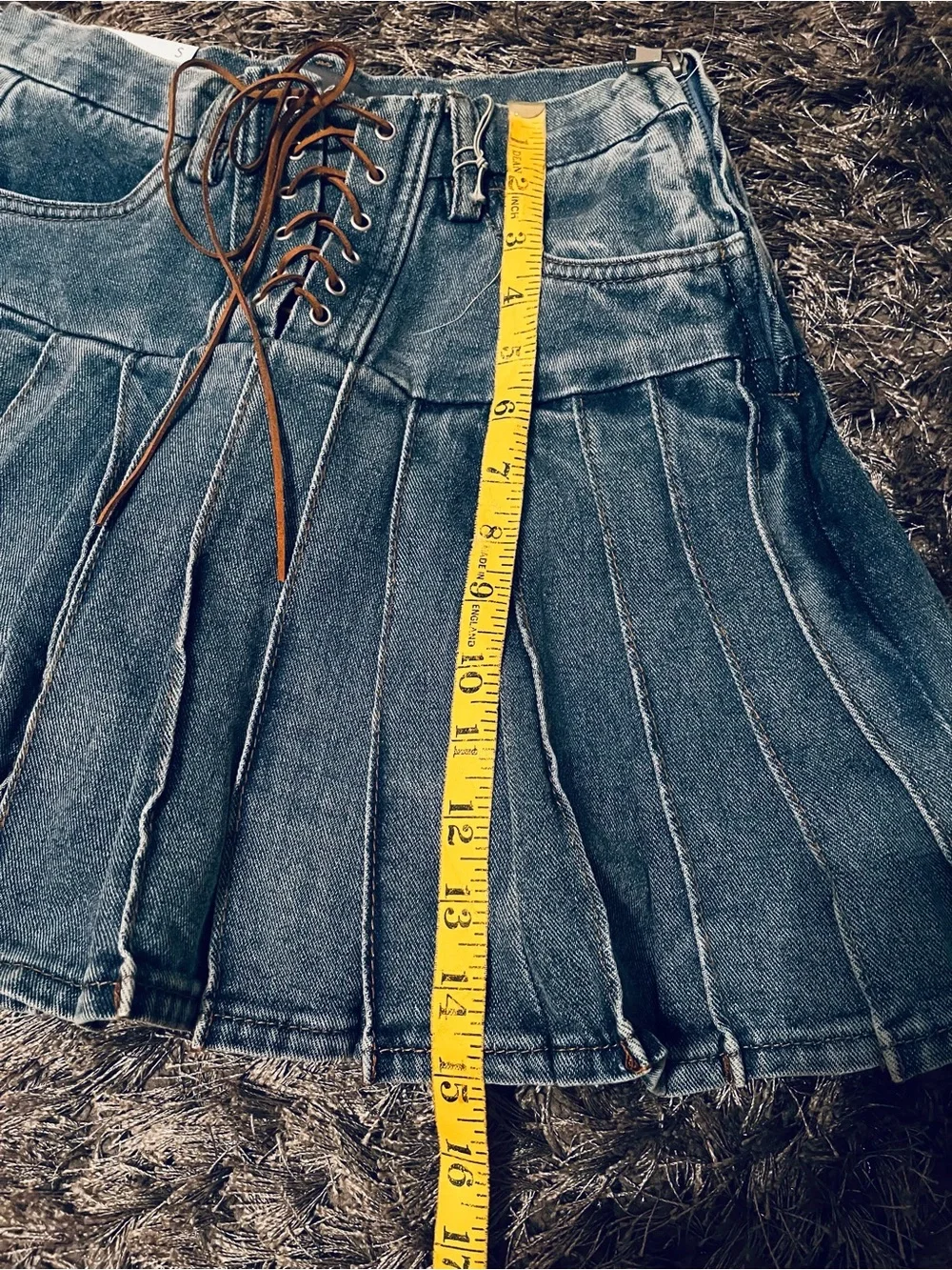 Lace-Up Pleated Denim Mini Skirt - Blue
